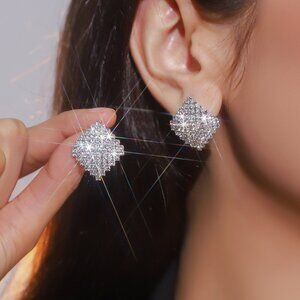 3/$35 Dainty Silver Rhombus Diamond Stud Copper Earrings Sparkly Crystal Luxe